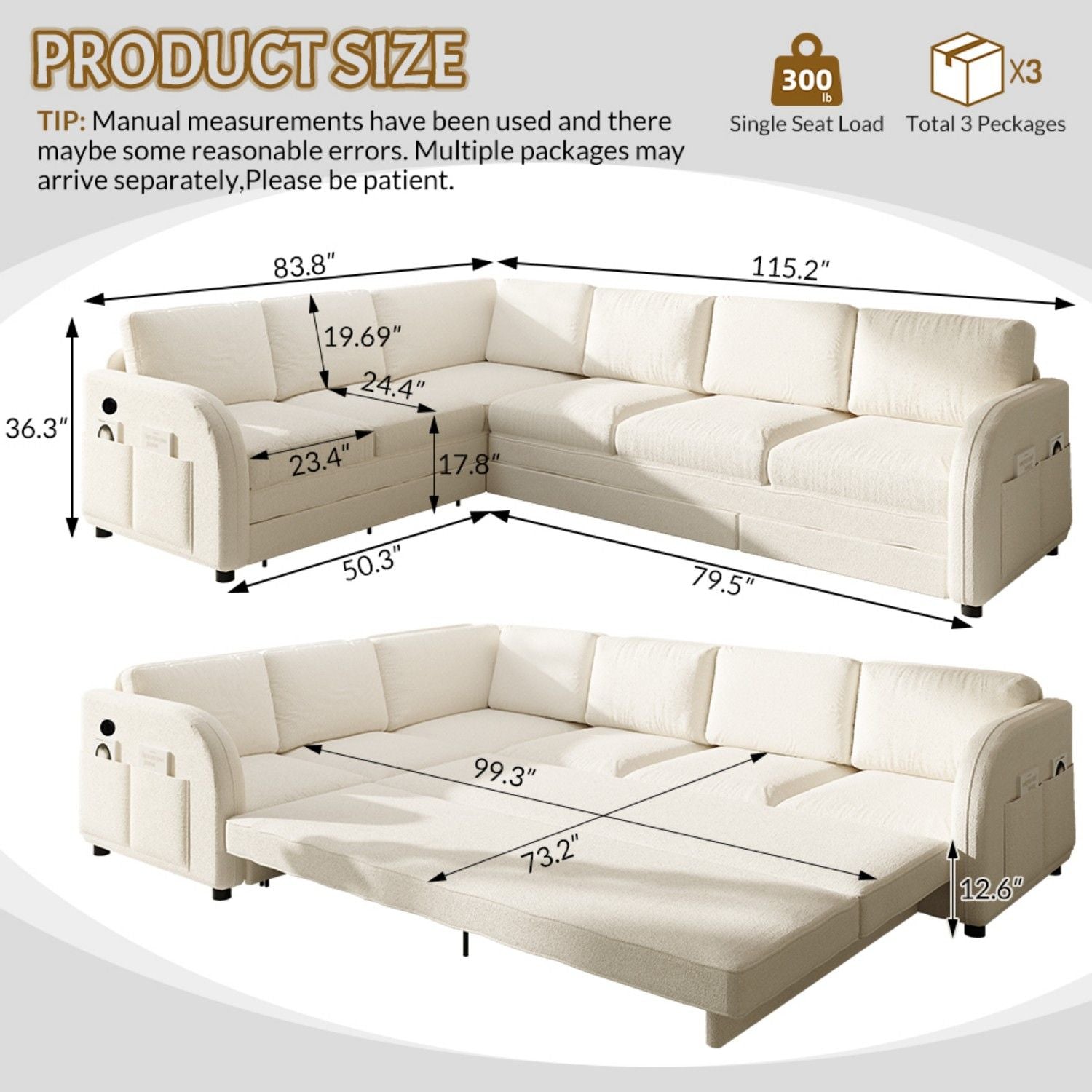 L-Shaped Couch With Pull-Out Bed, Convertible Sleeper Sofa With Side Pocket & USB Port Home Essentials