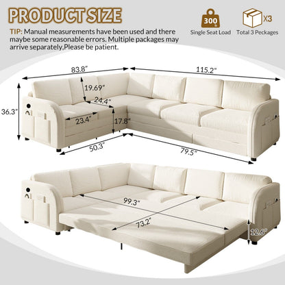 L-Shaped Couch With Pull-Out Bed, Convertible Sleeper Sofa With Side Pocket & USB Port Home Essentials