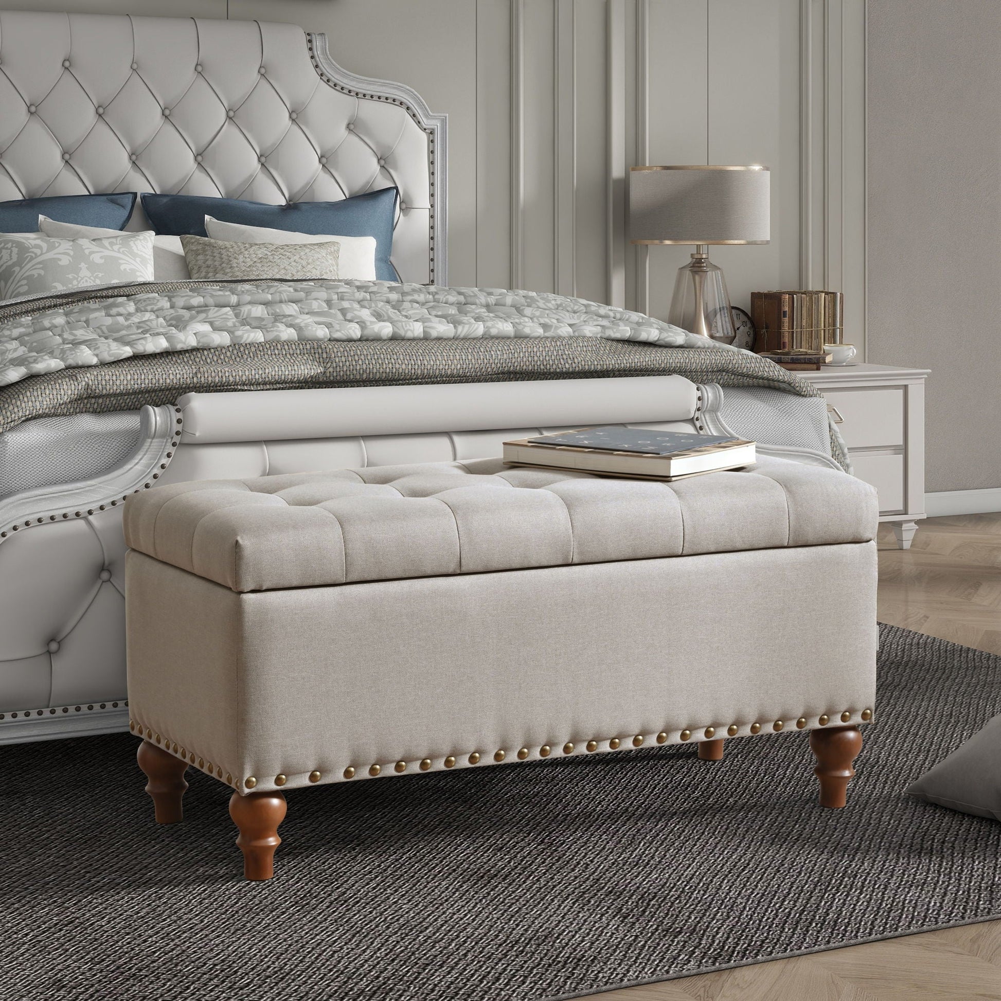 Upholstered Ottoman With Storage And Rivet Trim Home Essentials