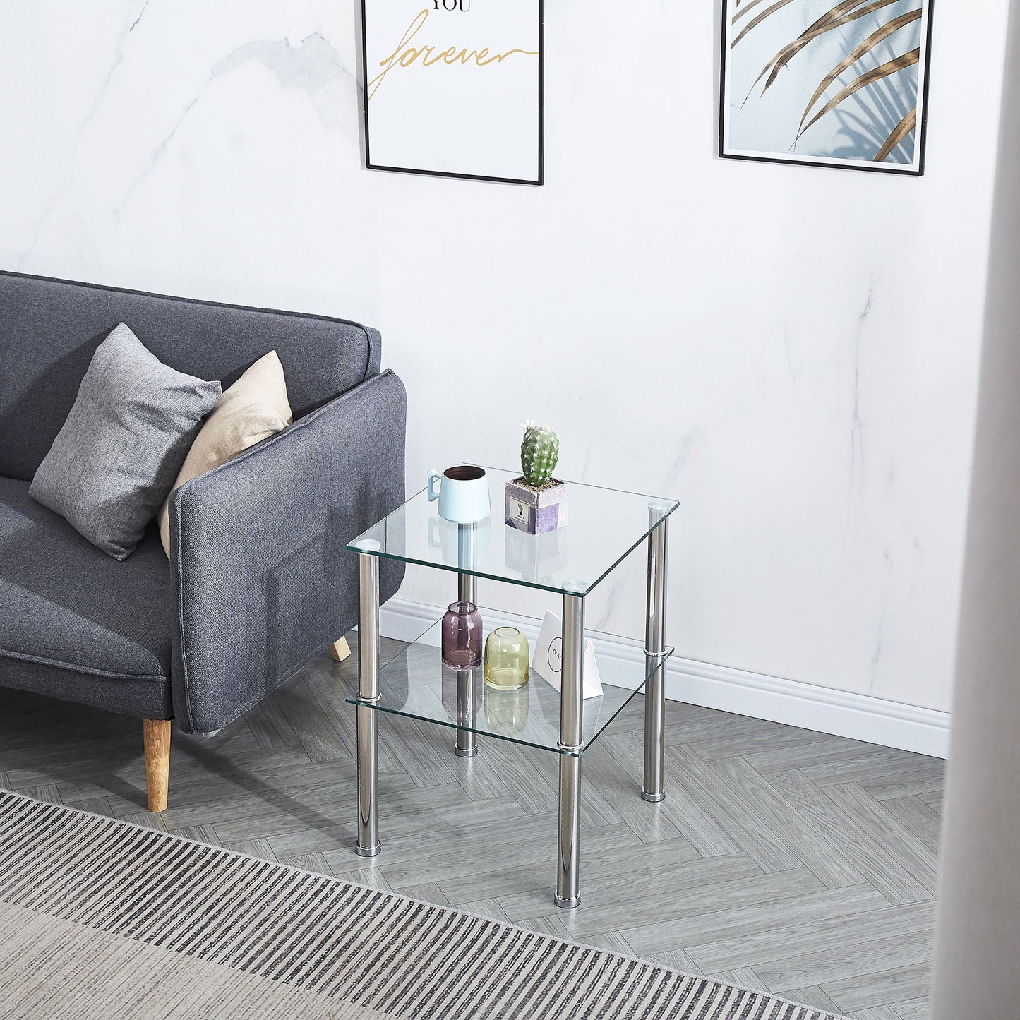Modern 2 Piece Side Table With Storage Shelf, Tempered Glass, Space Saving Design - Clear Home Essentials