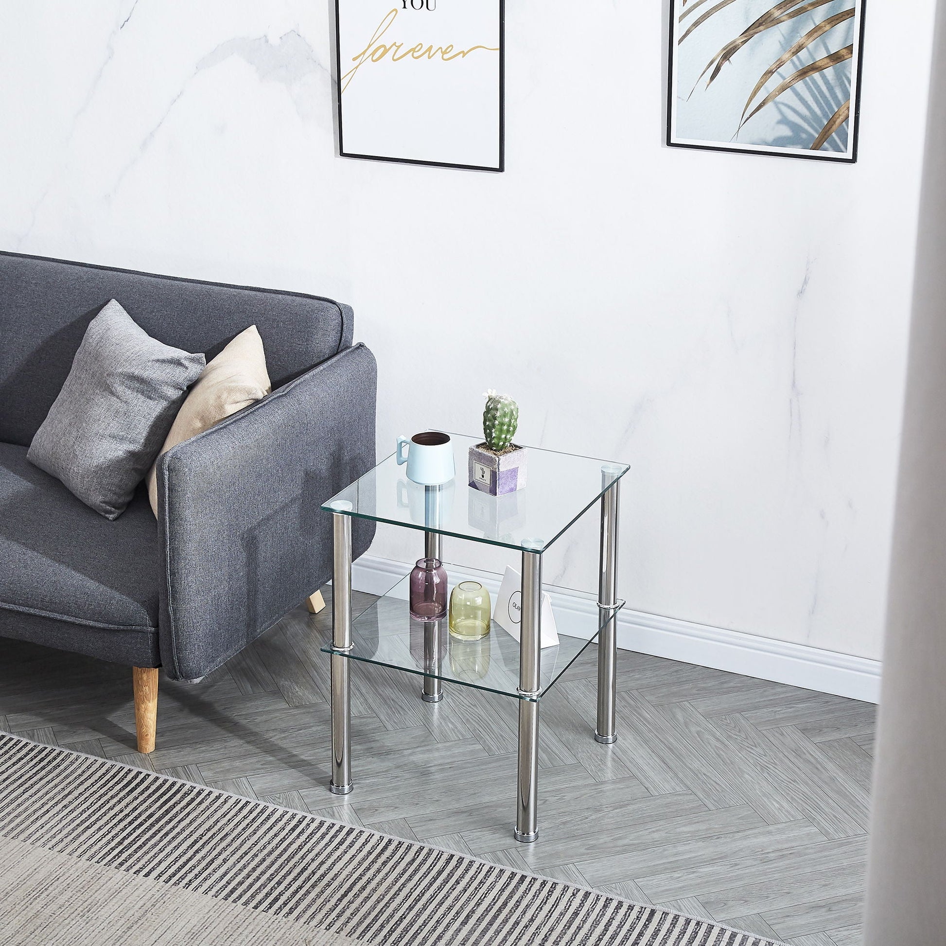 Modern 2 Piece Side Table With Storage Shelf, Tempered Glass, Space Saving Design - Clear Home Essentials