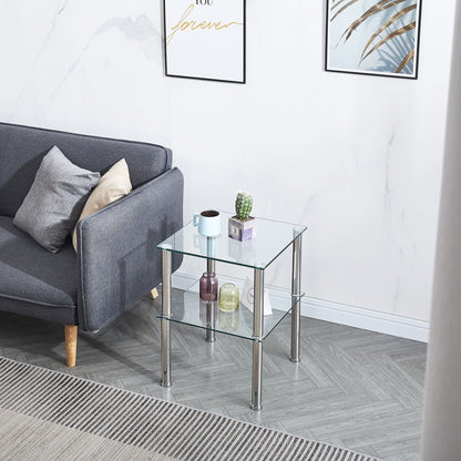 Modern 2 Piece Side Table With Storage Shelf, Tempered Glass, Space Saving Design - Clear Home Essentials