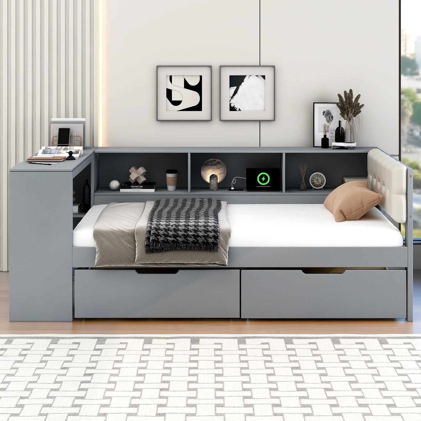 Upholstered Headboard Platform Bed With Storage Shelves, Drawers, Charging Station Hearth and Haven
