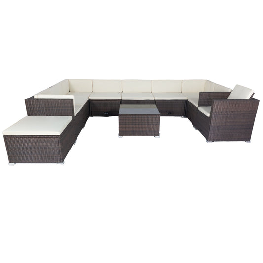 11 Piece Patio Wicker Conversation Set, 10 Seater Patio Sectional Set With 3 Storage Box Under Seat - Brown / White Home Essentials