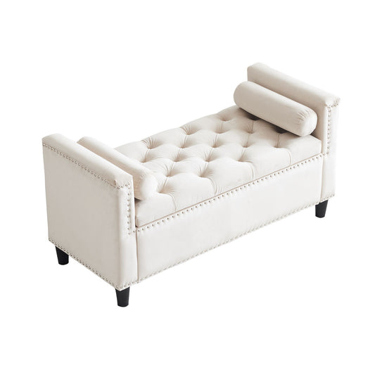 Queen Velvet Button Bedside Storage Bench With Armrests, Nailhead Trim - Snoozhouse