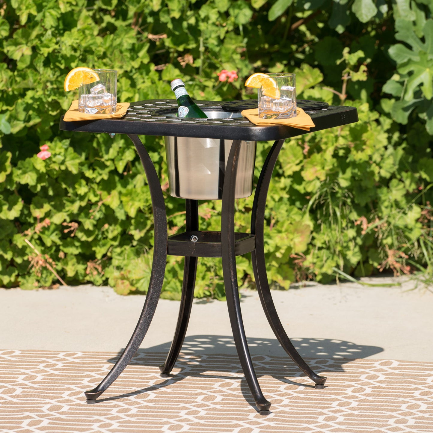 Outdoor Cast Aluminum Bistro Table With Ice Bucket - Black Copper Noble House