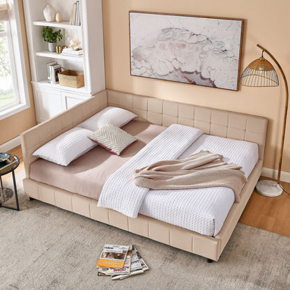 Mid-Century Storage Upholstered Tufted Bed Frame With Backrest And Armrests Home Essentials