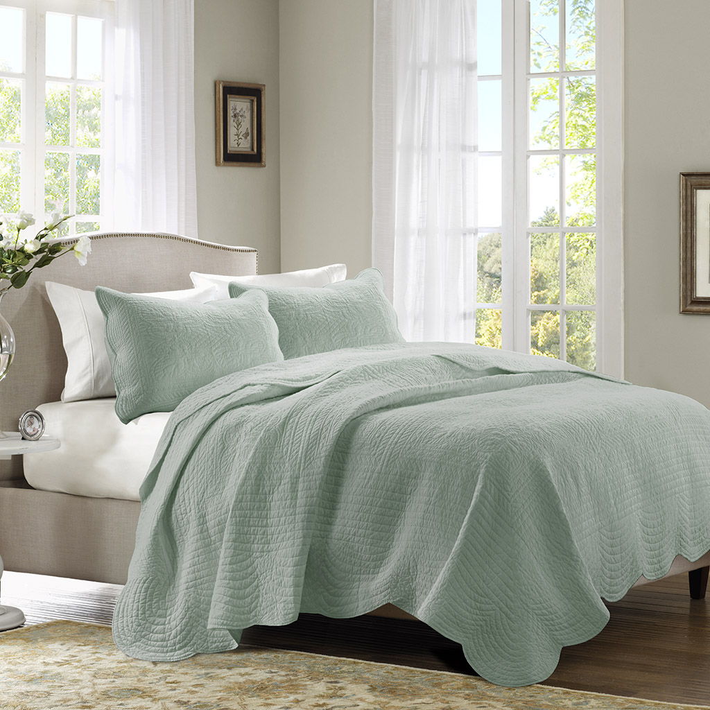 Tuscany - King 3 Piece Reversible Scalloped Edge Coverlet Set - Seafoam