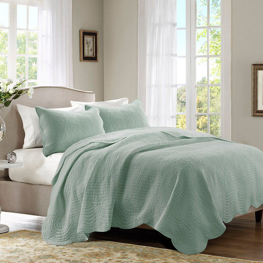 Tuscany - 3 Piece Reversible Scalloped Edge Coverlet Set - Seafoam Madison Park
