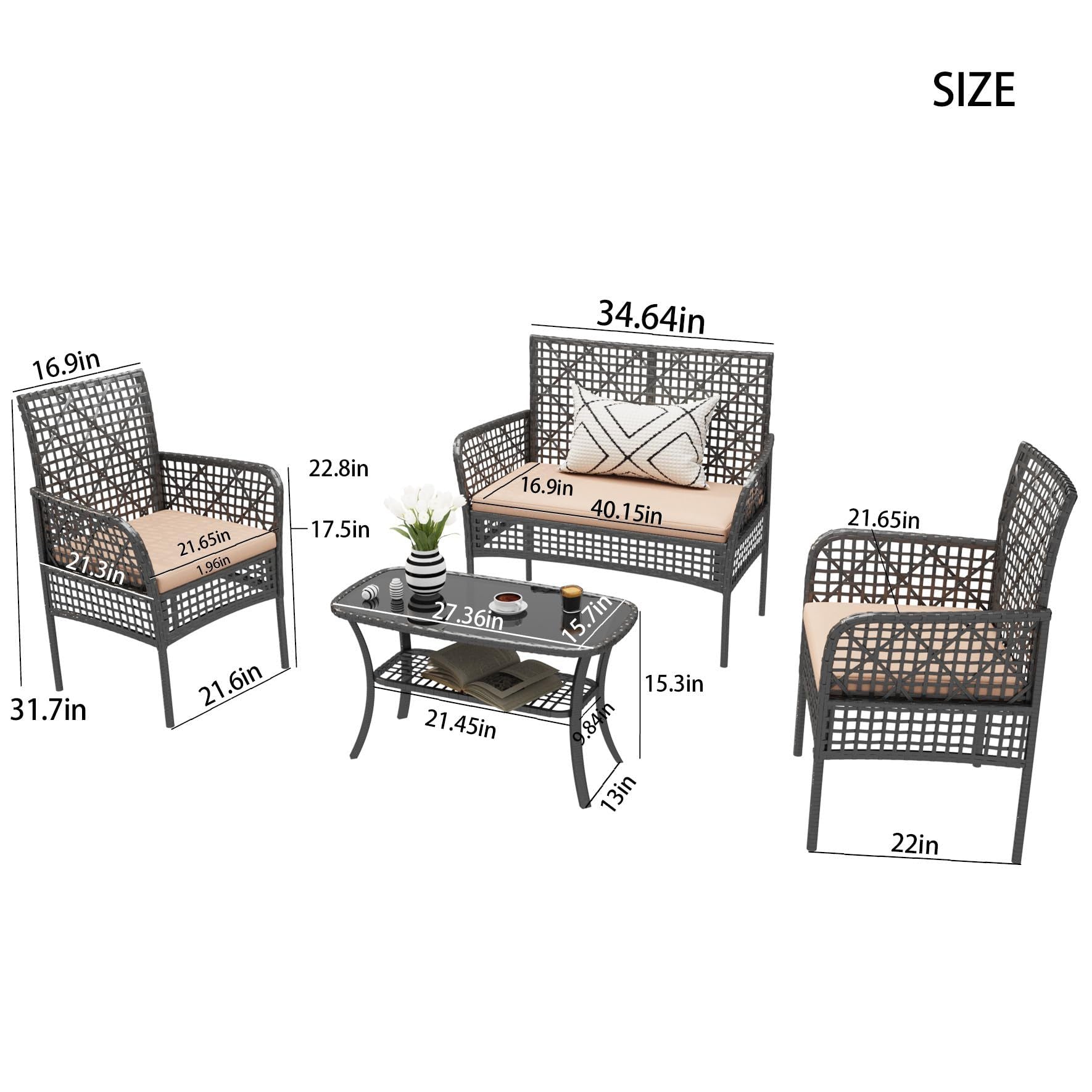 4 Pieces Rattan Wicker Chairs With Tempered Glass Table And Cushions Home Essentials