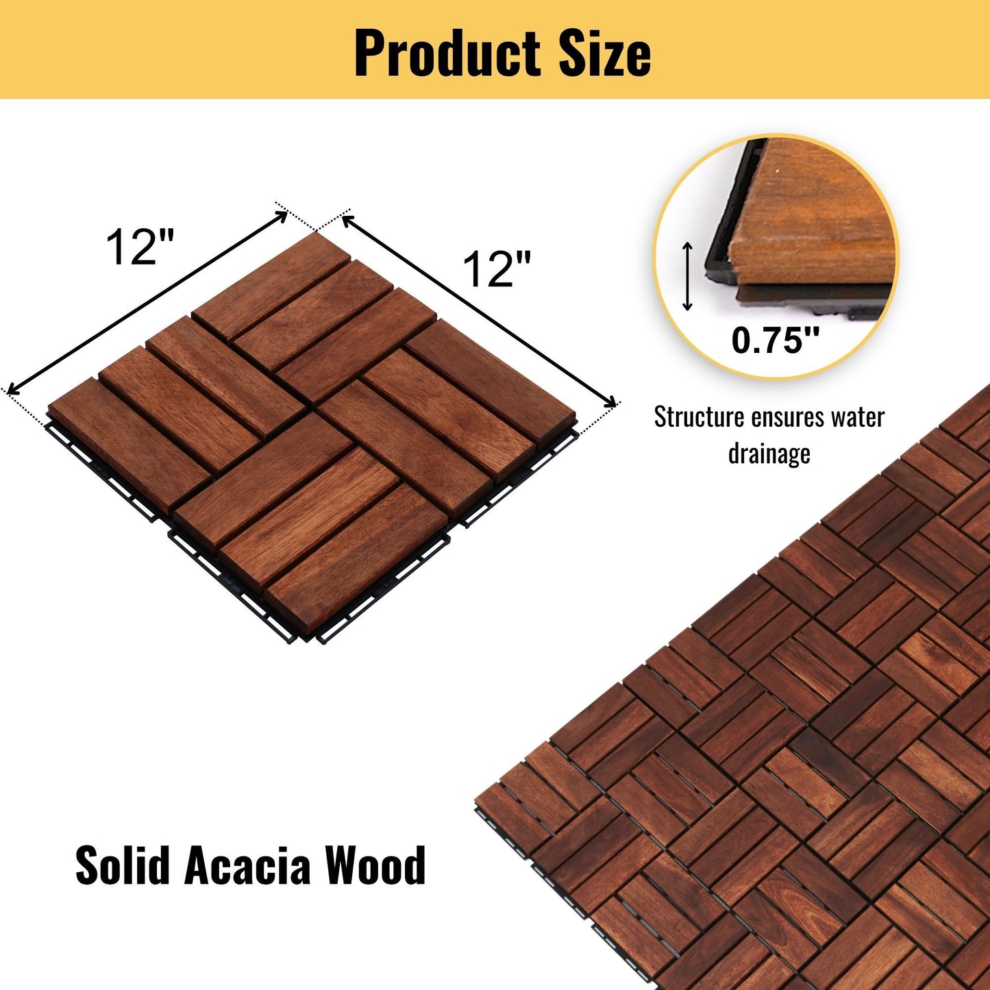 Interlocking Deck Tiles Checker Pattern, Square Acacia Hardwood Outdoor Flooring For Patio, Bancony, Pool Side Daily Nest