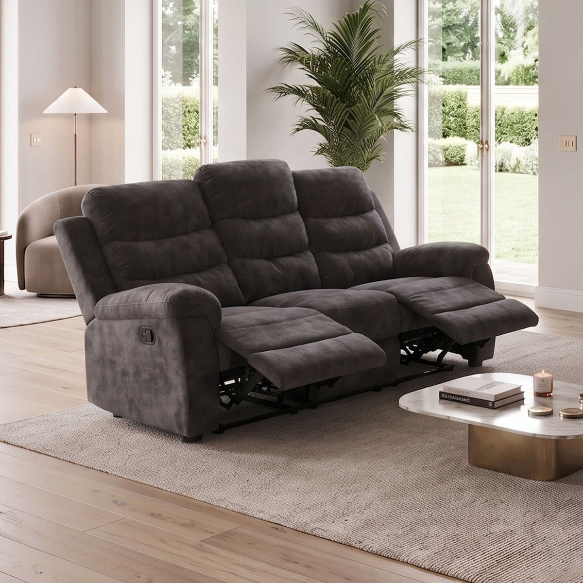 3 Seater Manual Recliner Sofa With 150° Recline, 2 Adjustable Side Seats, Extended Footrest, Oversized Seating For Living Room - Dark Gray Home Essentials