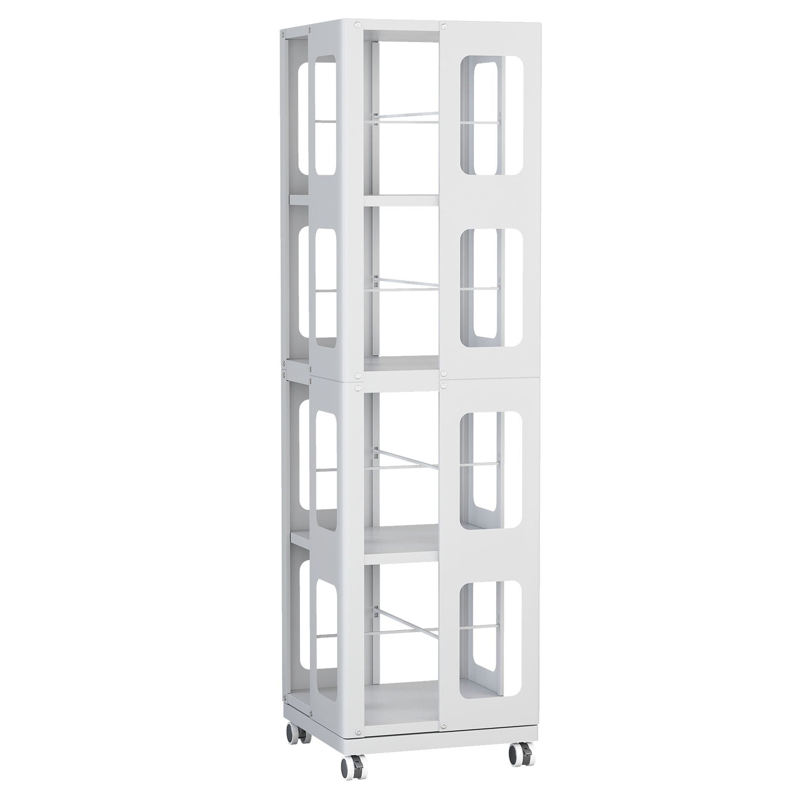 4 Tier All Steel Rotating Bookshelf With 360° Wheels, Large Size Sturdy & Spacious Book Rack, New Style Bookshelf - White Home Essentials