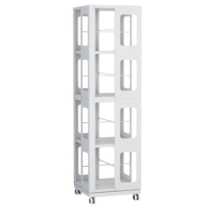 4 Tier All Steel Rotating Bookshelf With 360° Wheels, Large Size Sturdy & Spacious Book Rack, New Style Bookshelf - White Home Essentials