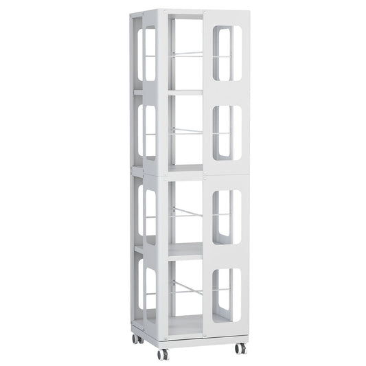 4 Tier All Steel Rotating Bookshelf With 360° Wheels, Large Size Sturdy & Spacious Book Rack, New Style Bookshelf - White Home Essentials