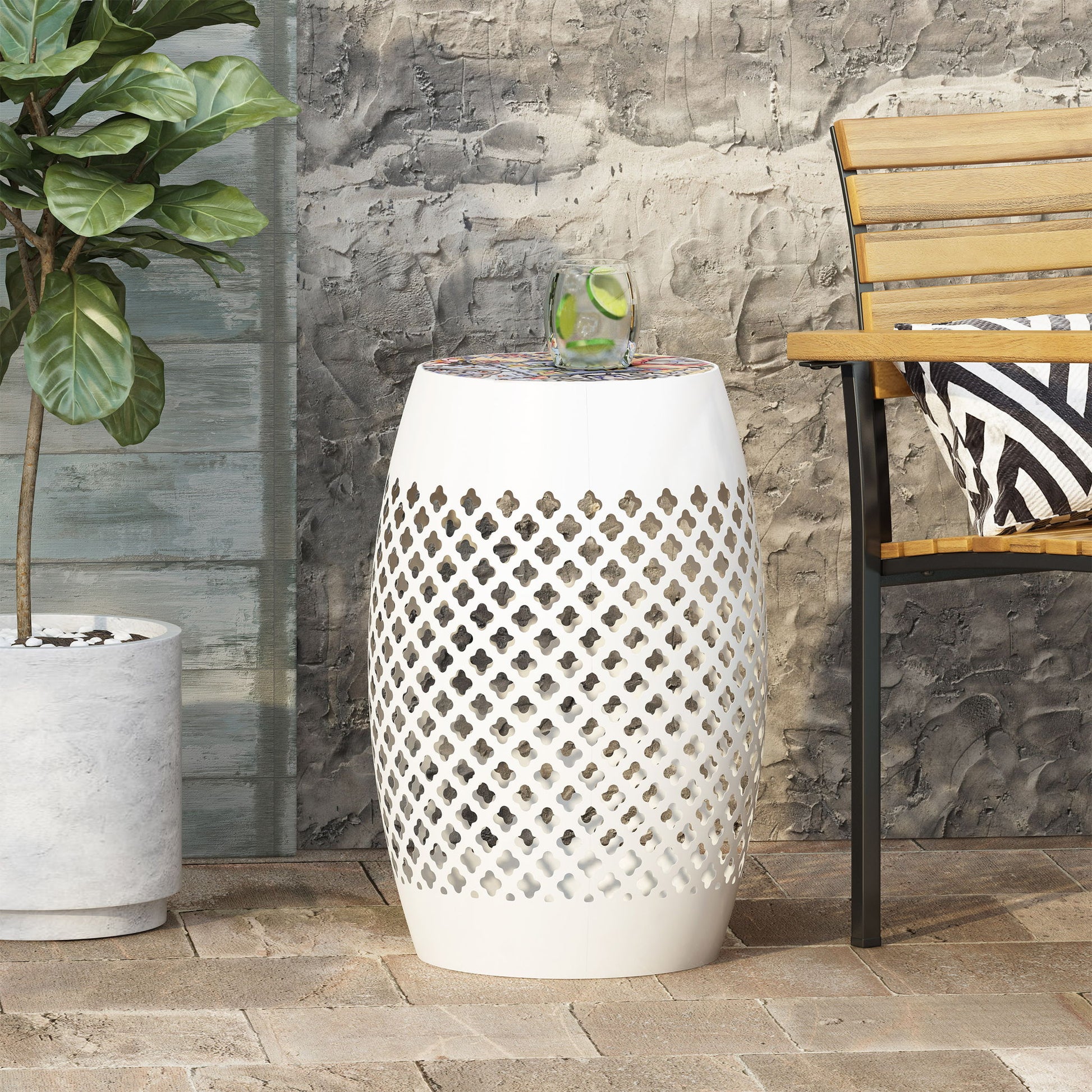 Roswell - Outdoor Side Table With Mosaic Tile Top Noble House