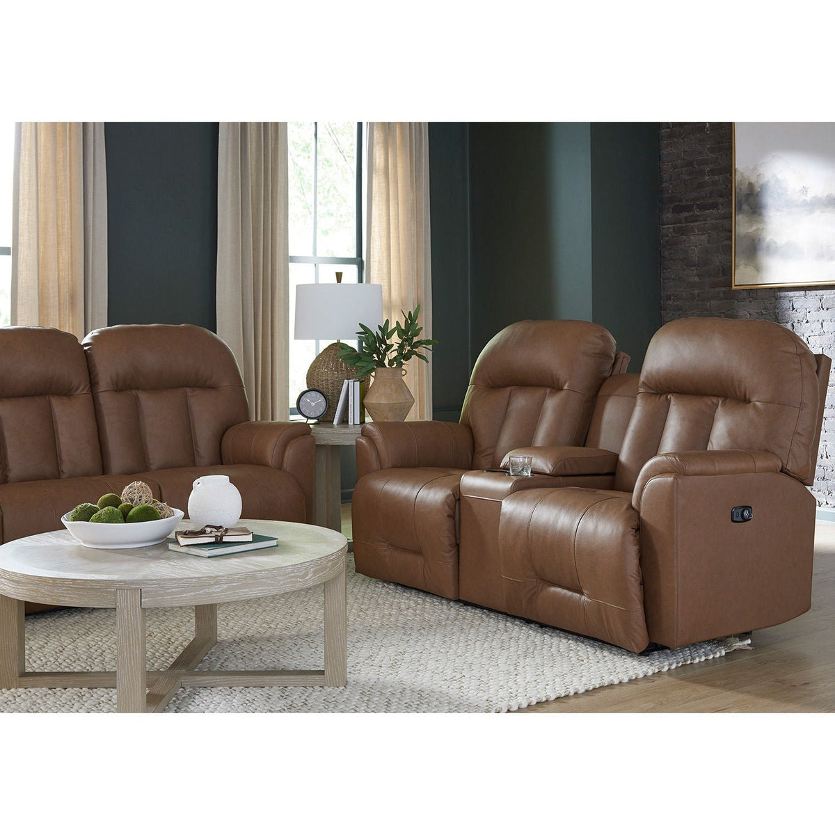 Suitably Leather Power Tilt-Headrest Console Loveseat Best Home Furnishings