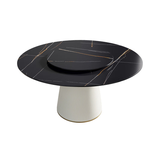 Modern Artificial Stone Round Plywood Base Dining Table, Can Accommodate 8 People Artificial Stone Turntable (Not Including Chairs) - Black / Beige Home Essentials