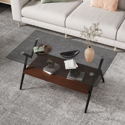 Rectangle Coffee Table With Tempered Glass Top And MDF Shelf, Modern Table For Living Room Home Essentials