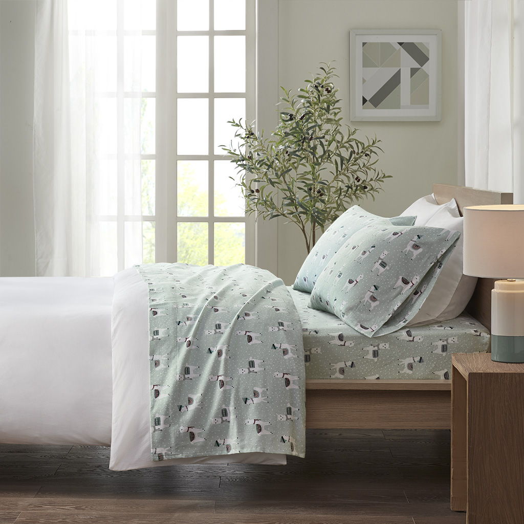 Twin Long Cozy 100% Printed Sheet Set - Seafoam Llama