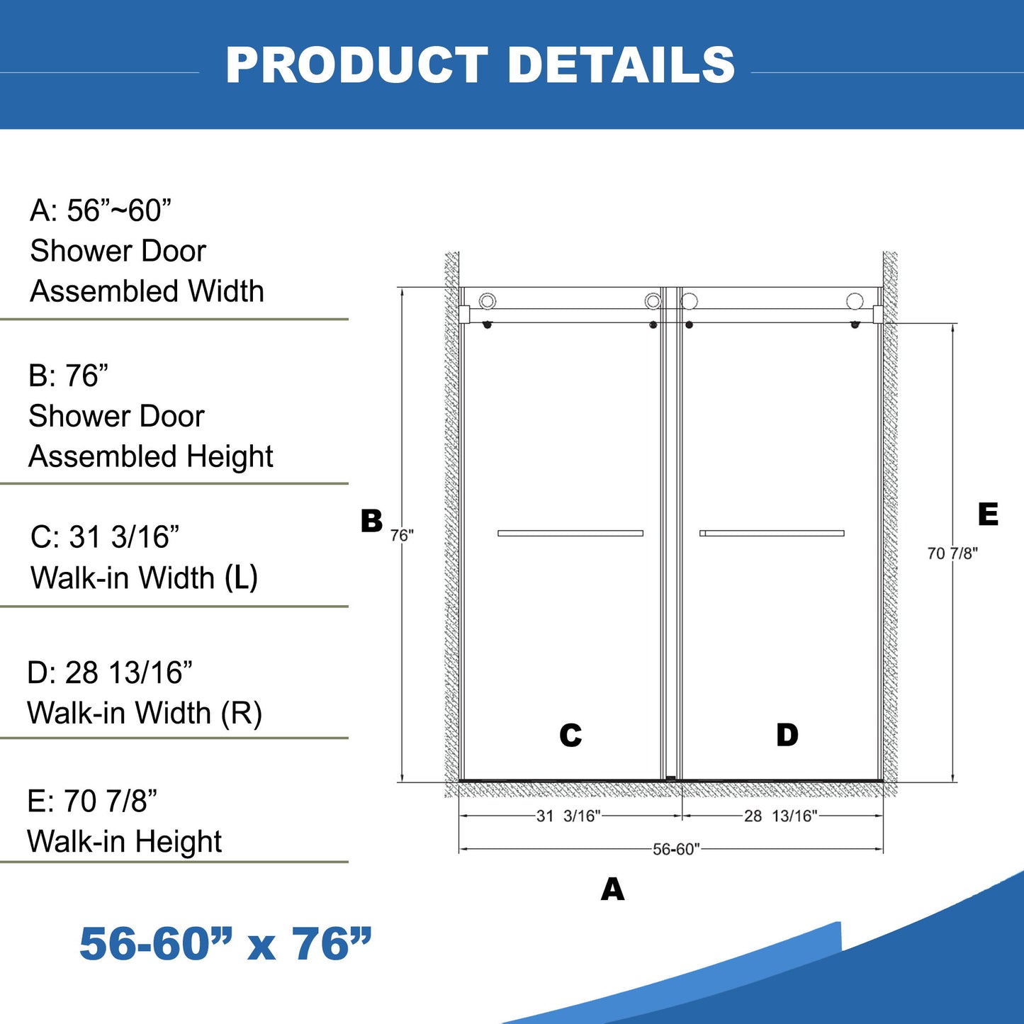 Frameless Shower Door, Double Sliding Shower Door, Clear Tempered Glass Shower Enclosure With Square Rail, Double Side Easy Clean Coat, Finished With Buffer Daily Nest
