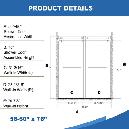Frameless Shower Door, Double Sliding Shower Door, Clear Tempered Glass Shower Enclosure With Square Rail, Double Side Easy Clean Coat, Finished With Buffer Daily Nest