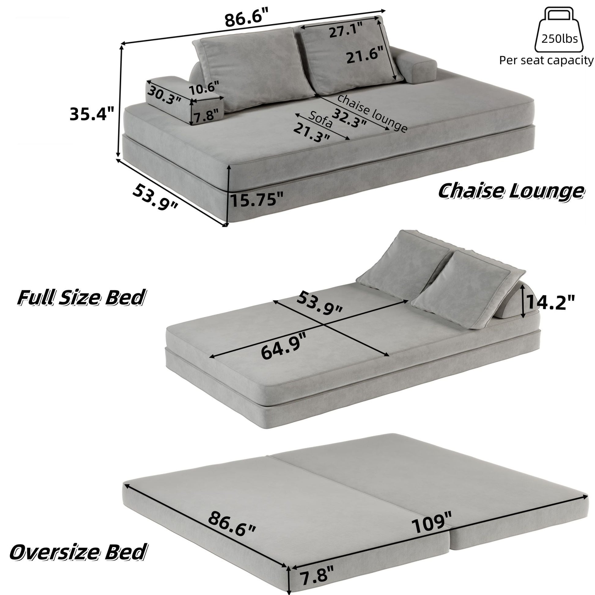 Multifunctional Convertible Sofa Bed With 2 Tumbler Backrests And 2 Pillows, Deep Seat Couch Home Essentials