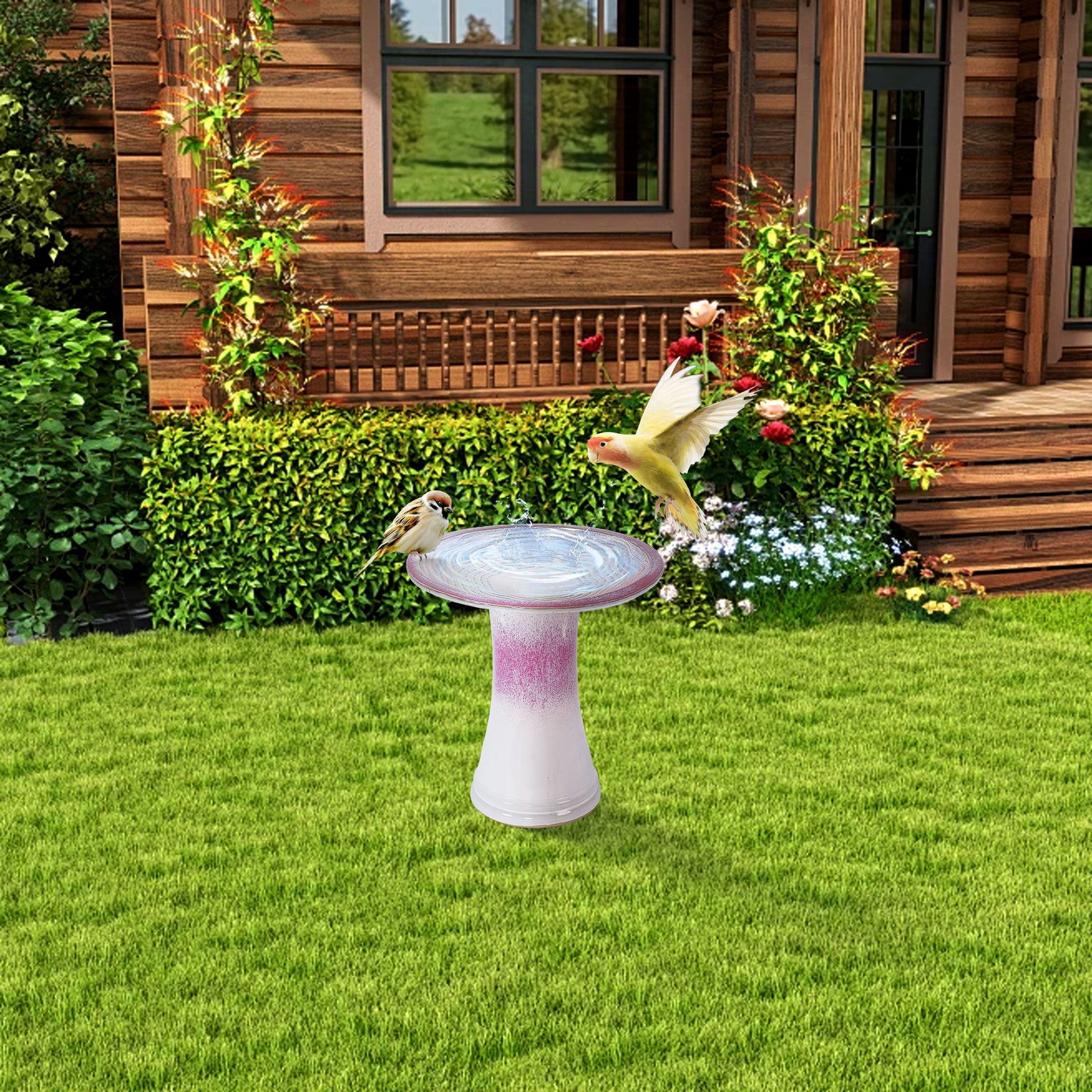 Birdbath For Patio, Garden - White / Pink Daily Nest