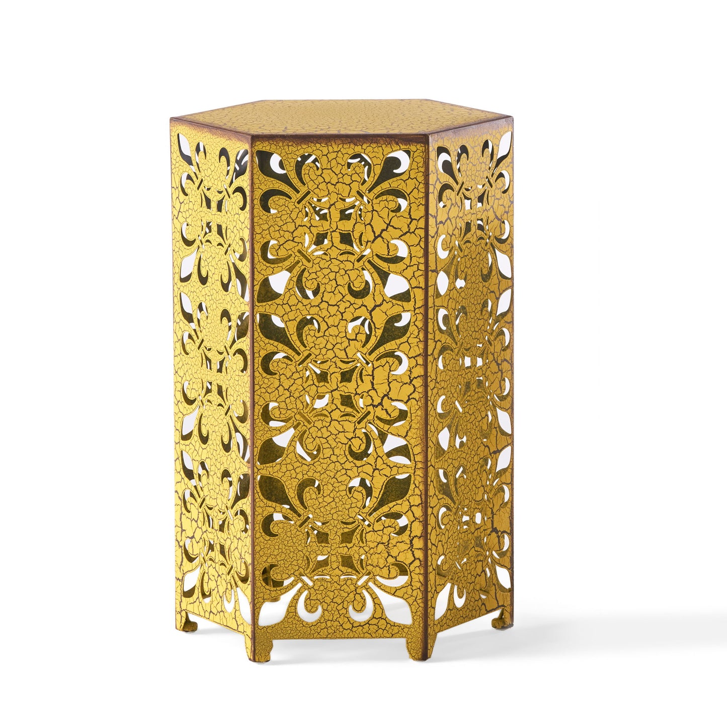 Outdoor Hexagonal Accent Table Set With Charming Fleur De Lis Panel Sides - Antique Yellow Noble House