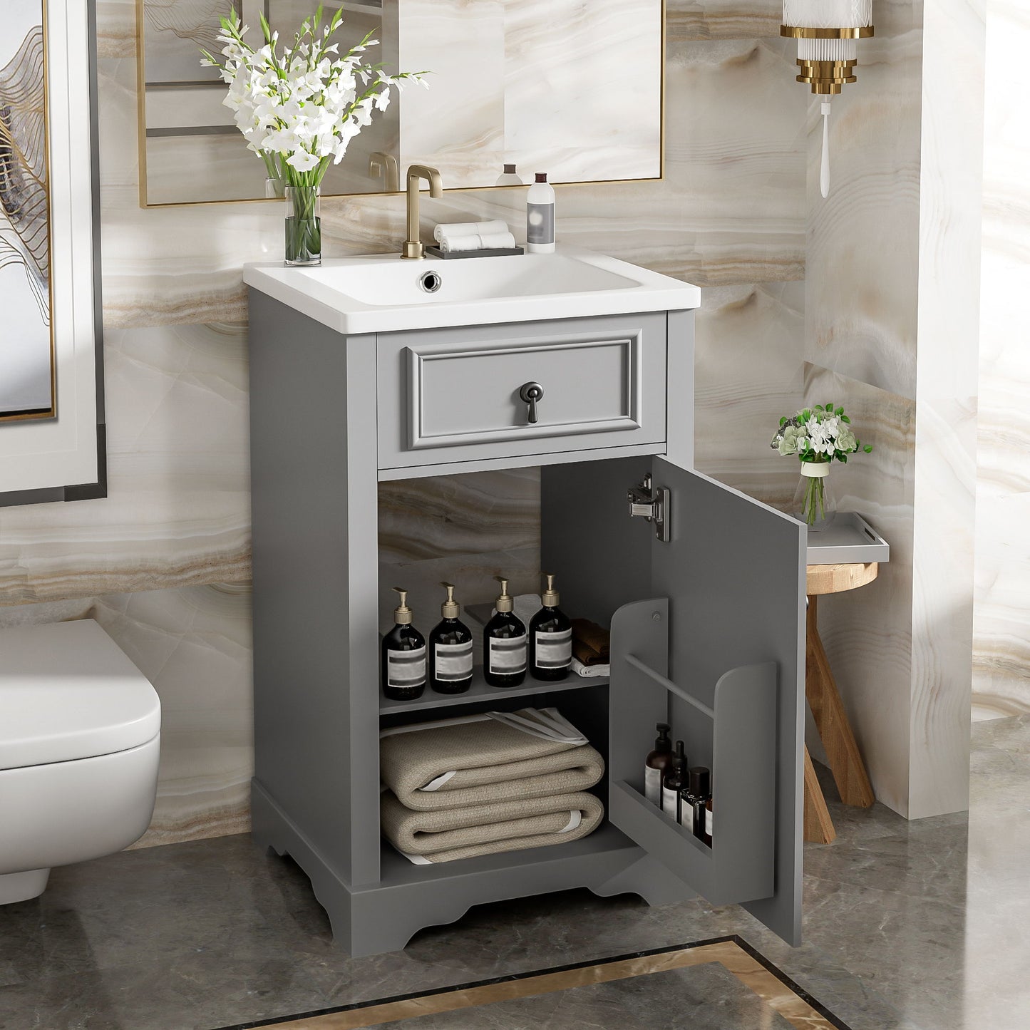 Elegant Bathroom Vanity With Ceramic Sink, Soft Close Door, Adjustable Shelf Hearth and Haven