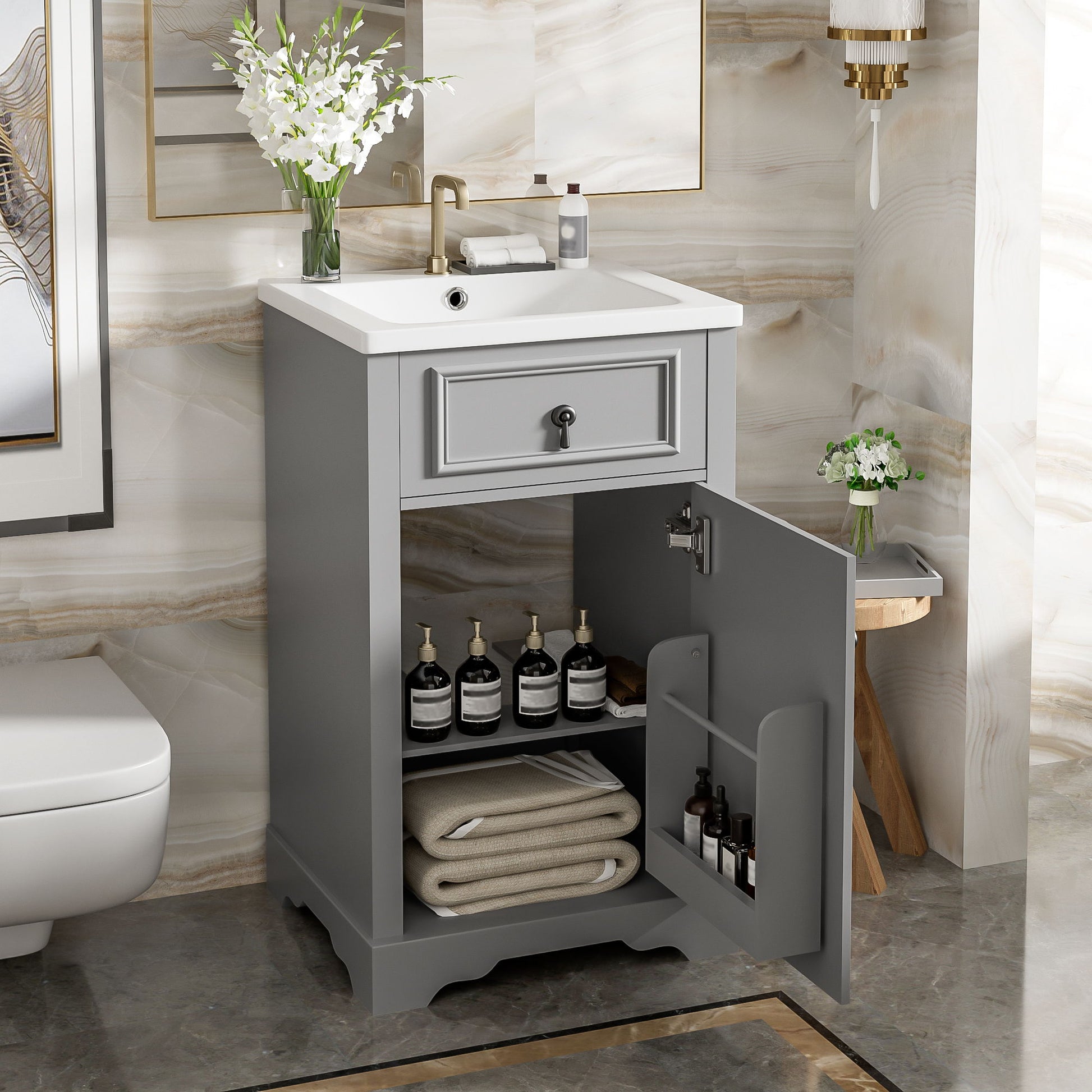 Elegant Bathroom Vanity With Ceramic Sink, Soft Close Door, Adjustable Shelf Hearth and Haven