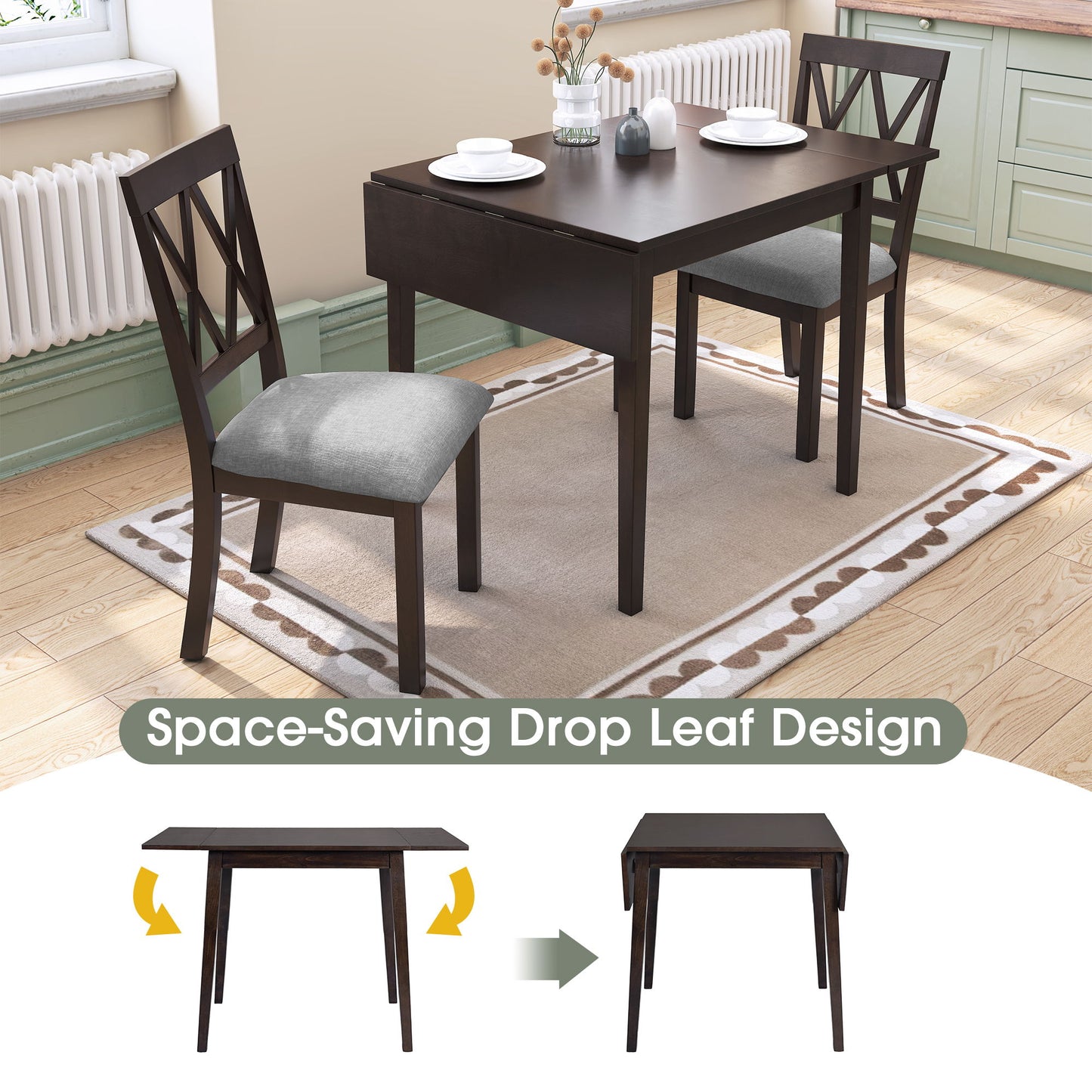 3 Piece Kitchen Dining Set With Drop Leaf Dining Table And 2 Dining Upholstered Chairs, Dining Room Set For Small Places