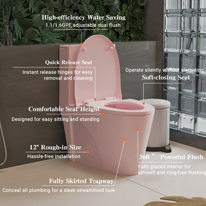 1.1 / 1.60 Gpf Dual-Flush One Piece Toilet, Water-Saving Elongated Comfort Height Floor Mounted, Soft Close 1000 Gram Map Flushing Score Toilet 23T01-Rs - Rose Daily Nest