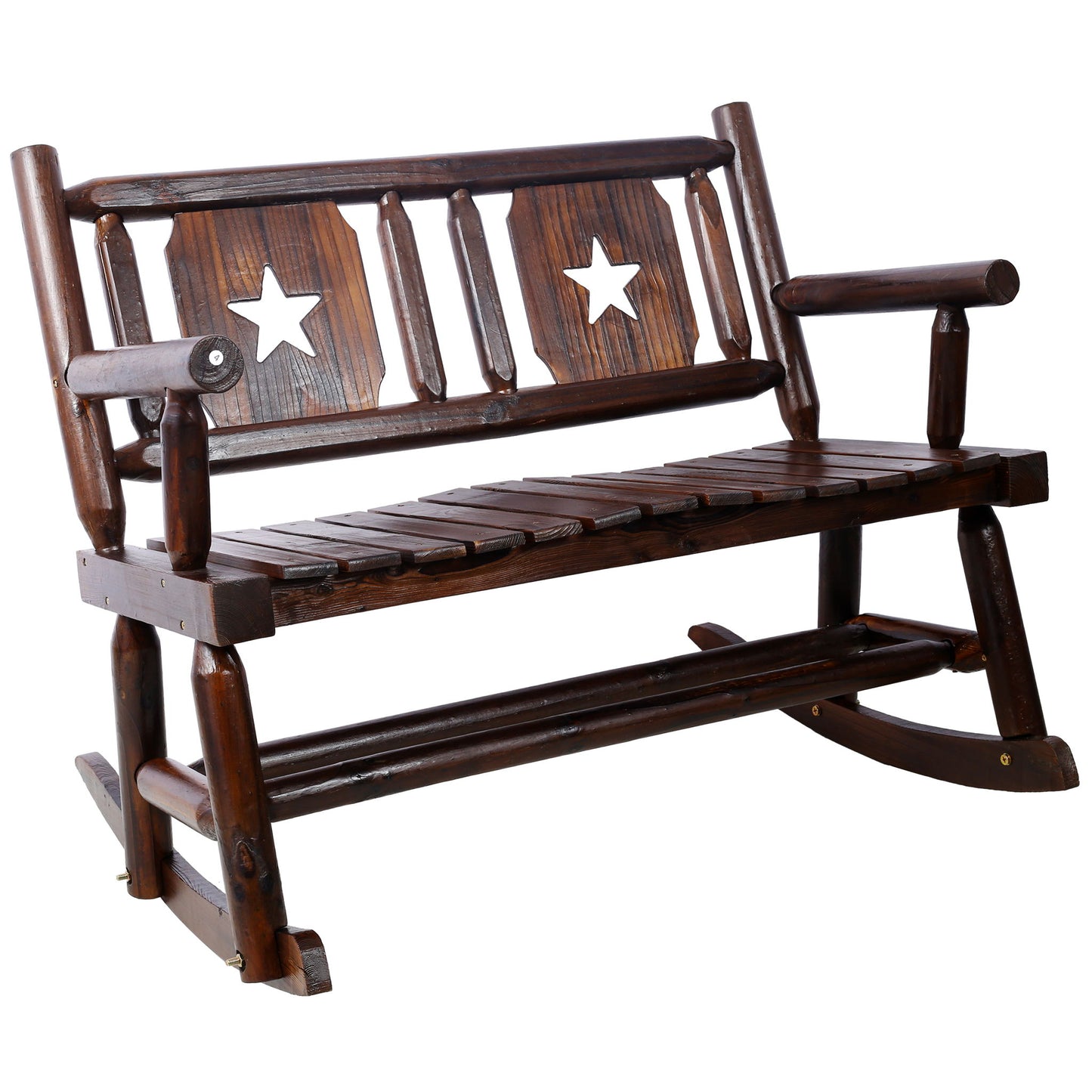 Rustic Outdoor Wood Rocking Bench Double Rocking Chair For 2 Persons With Curved Seat, Porch Rocker - Brown Home Essentials