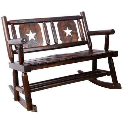 Rustic Outdoor Wood Rocking Bench Double Rocking Chair For 2 Persons With Curved Seat, Porch Rocker - Brown Home Essentials