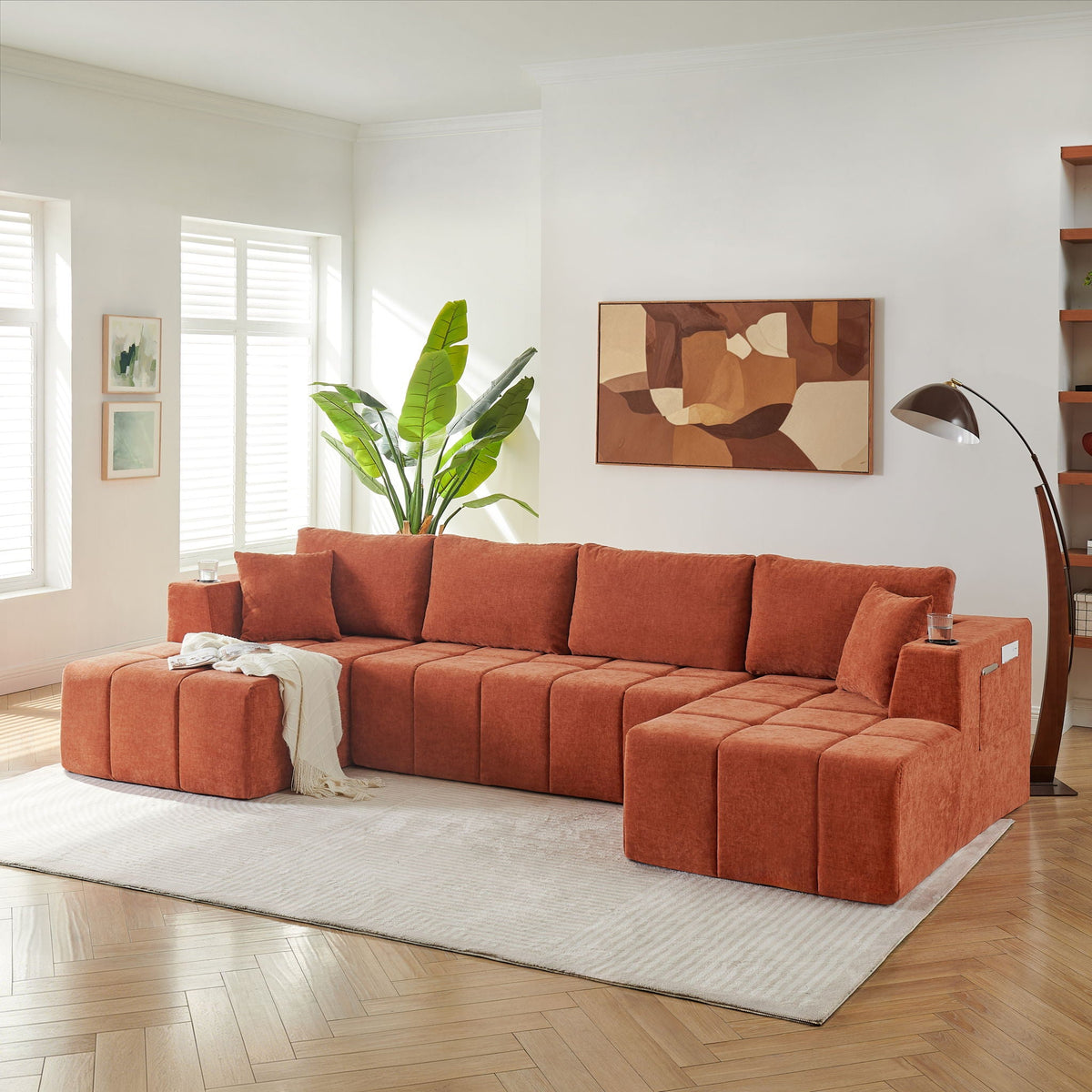 U - Shaped Sectional Sofa, Cup Holders & Side Pockets For Living Room Home Essentials