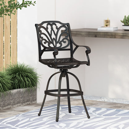 Outdoor Cast Aluminum Swivel Bar Stool With Scrolled Arms - Bronze Noble House