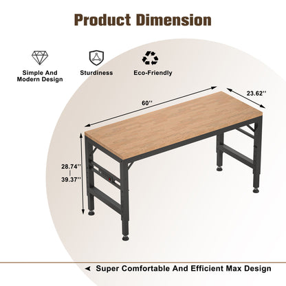 Adjustable Height Workbench, Rubber Wood Top Heavy Duty Workstation With Power Outlets, 2000 Lbs Load Capacity Hardwood Worktable For Workshop, Garage, Office, Home, Commercial - Black