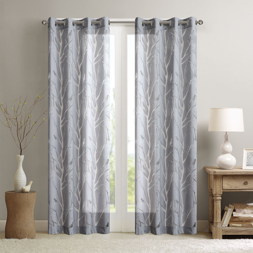 Averil - Grommet Top Sheer Bird On Branches Burnout Window Curtain - Gray