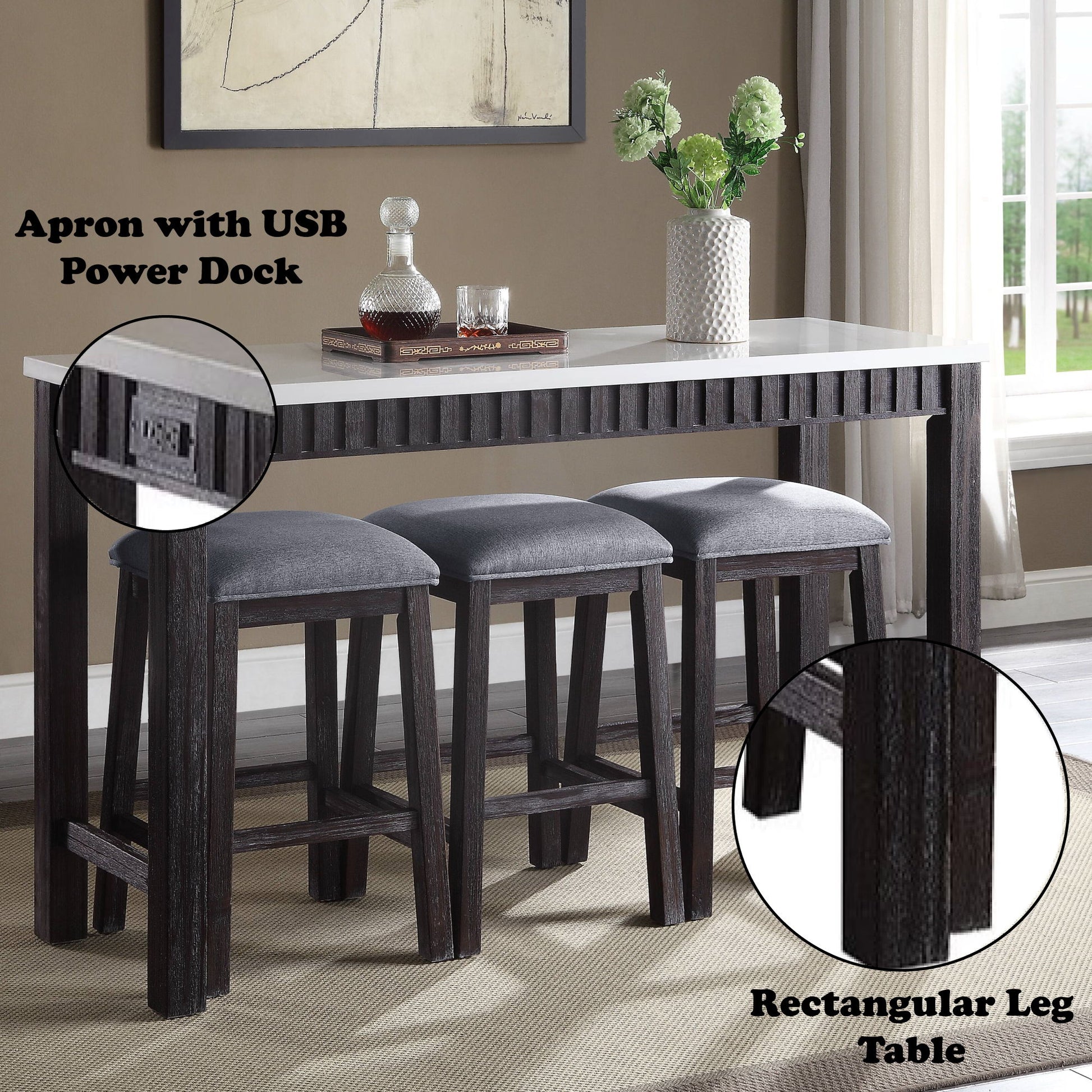 Necalli - Marble Top Weathered 4 Piece Pack Counter Height Table Set - Espresso Acme