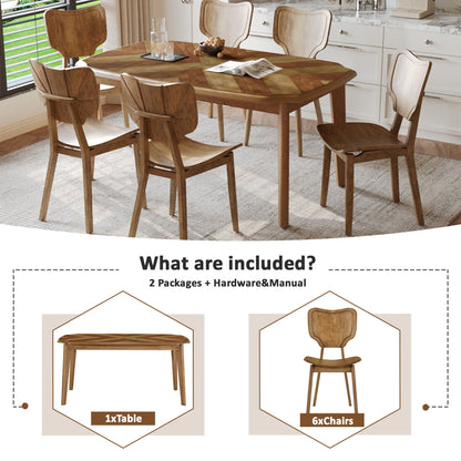 Topmax - 7 Piece Vintage Dining Table Set With 6 Dining Chairs, Kitchen Table Set For 6 With Curved Back And Seat