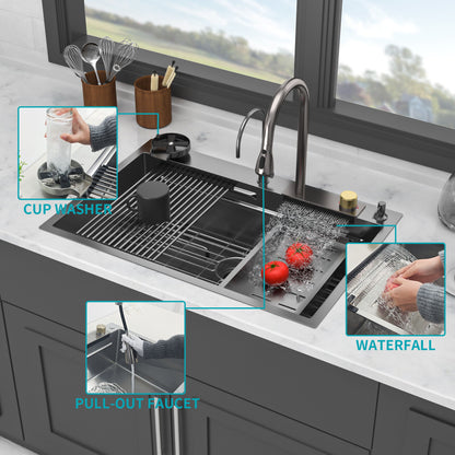 Waterfall Kitchen Sink With Pull Out Faucet & Cup Washer Daily Nest