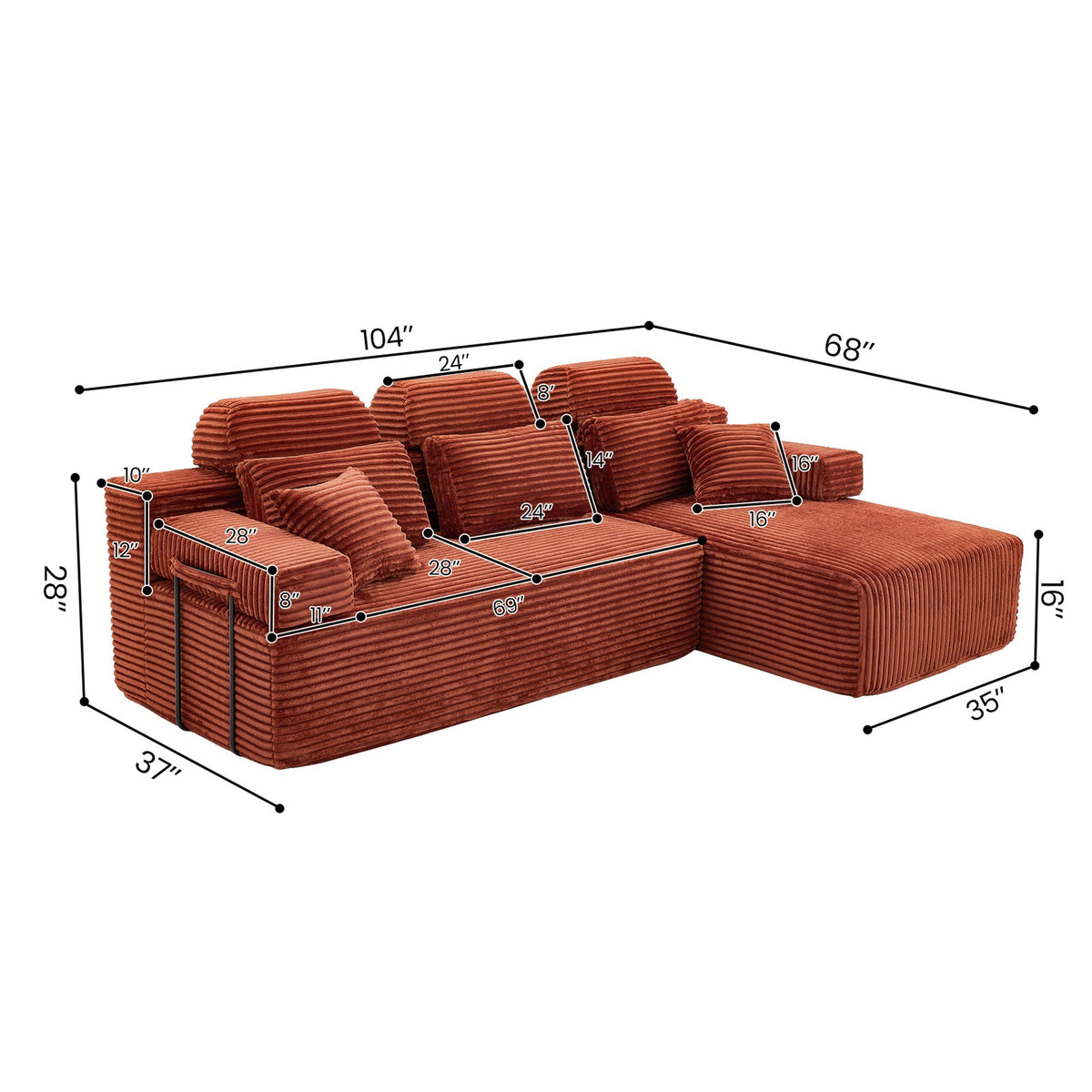 Sectional Sleeper Sofa & Storage Pockets, Modular Couch With Throw Pillows For Living Room Home Essentials