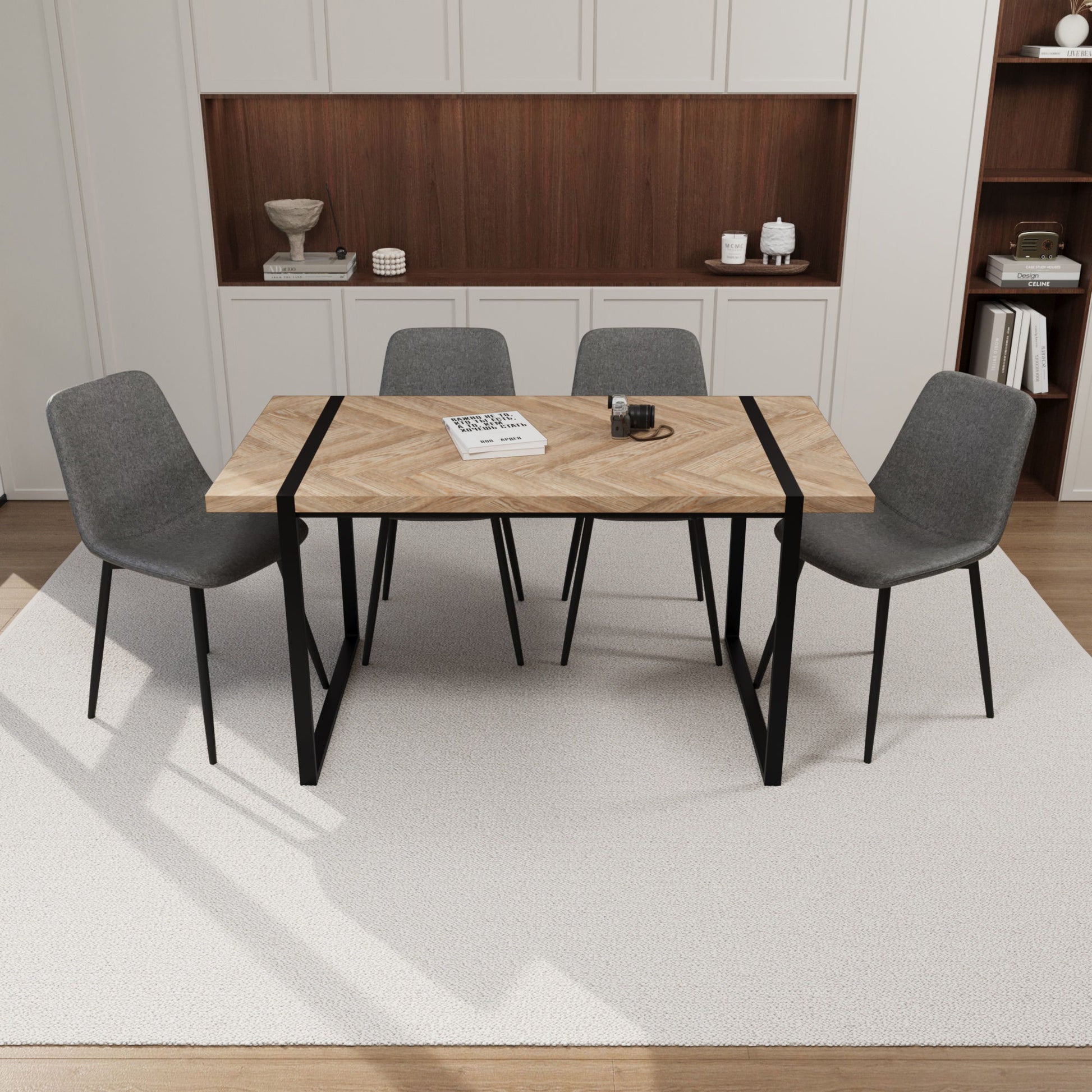 Modern Dining Table & Suede Chair Set WIth Rectangular Metal Base Home Essentials