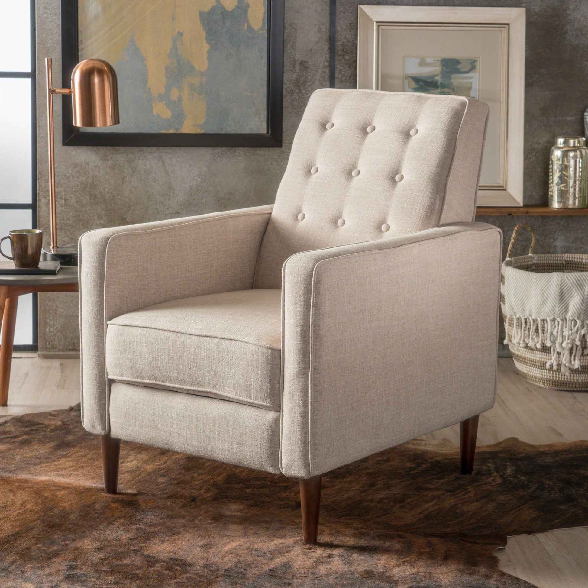 Mid-Century Modern Recliner With Button Tufted Waffle Stitch Noble House