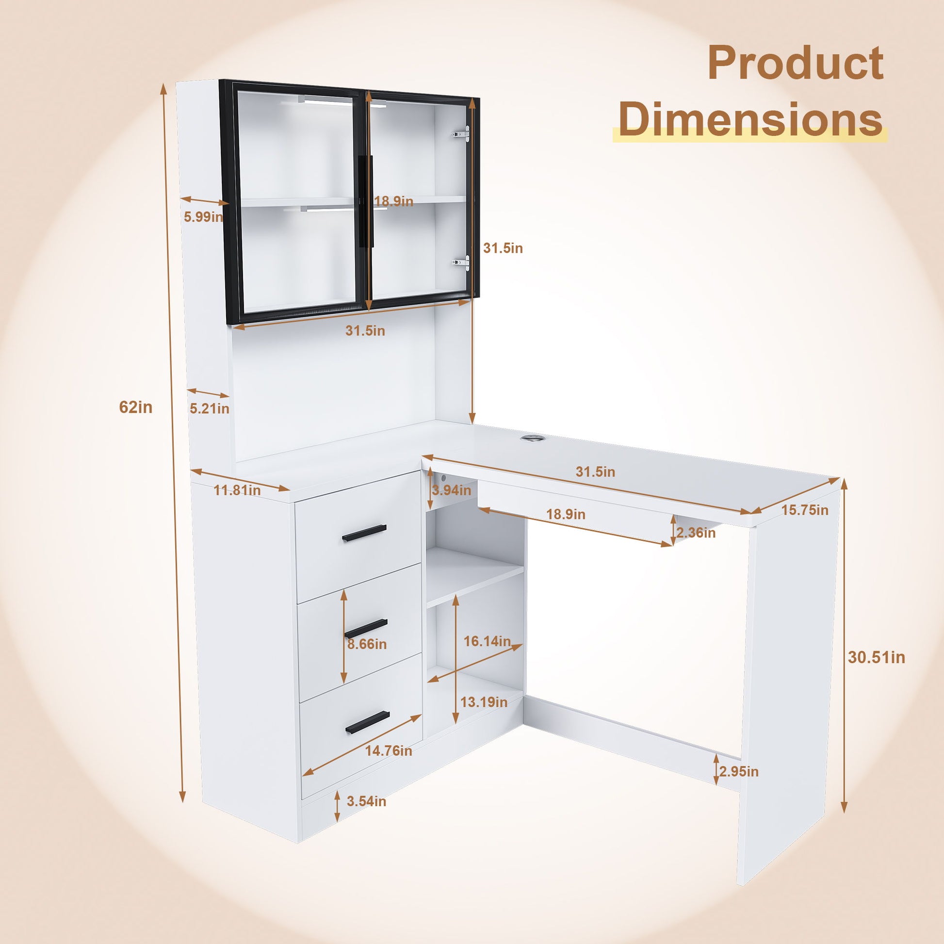 L-Shaped Computer Desk With Glass Cabinets, Built In LED Lights, USB Charging Ports Home Essentials