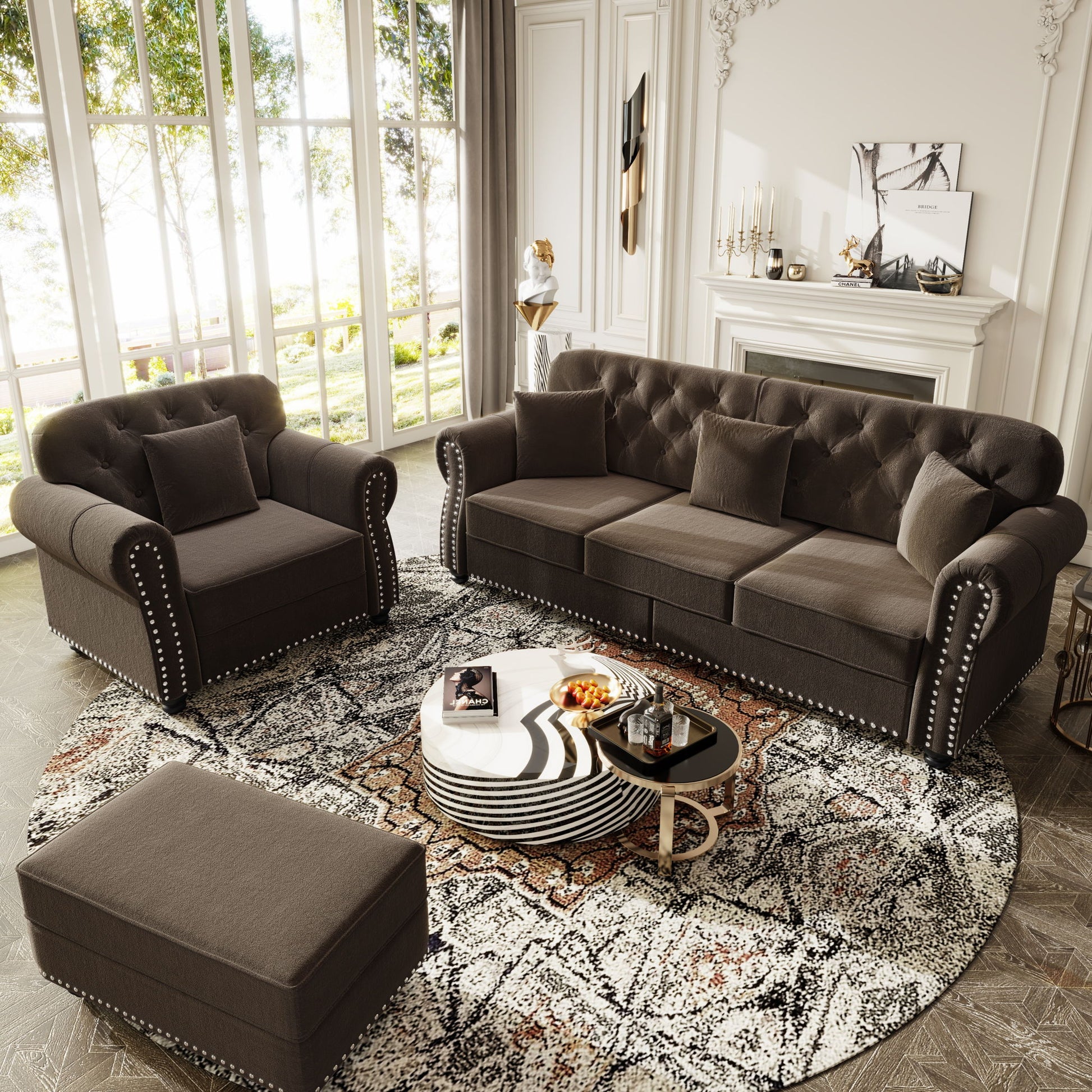Upholstered Sofa Set With Nailhead Trim And Rolled Armrests, Includes Pillows Home Essentials