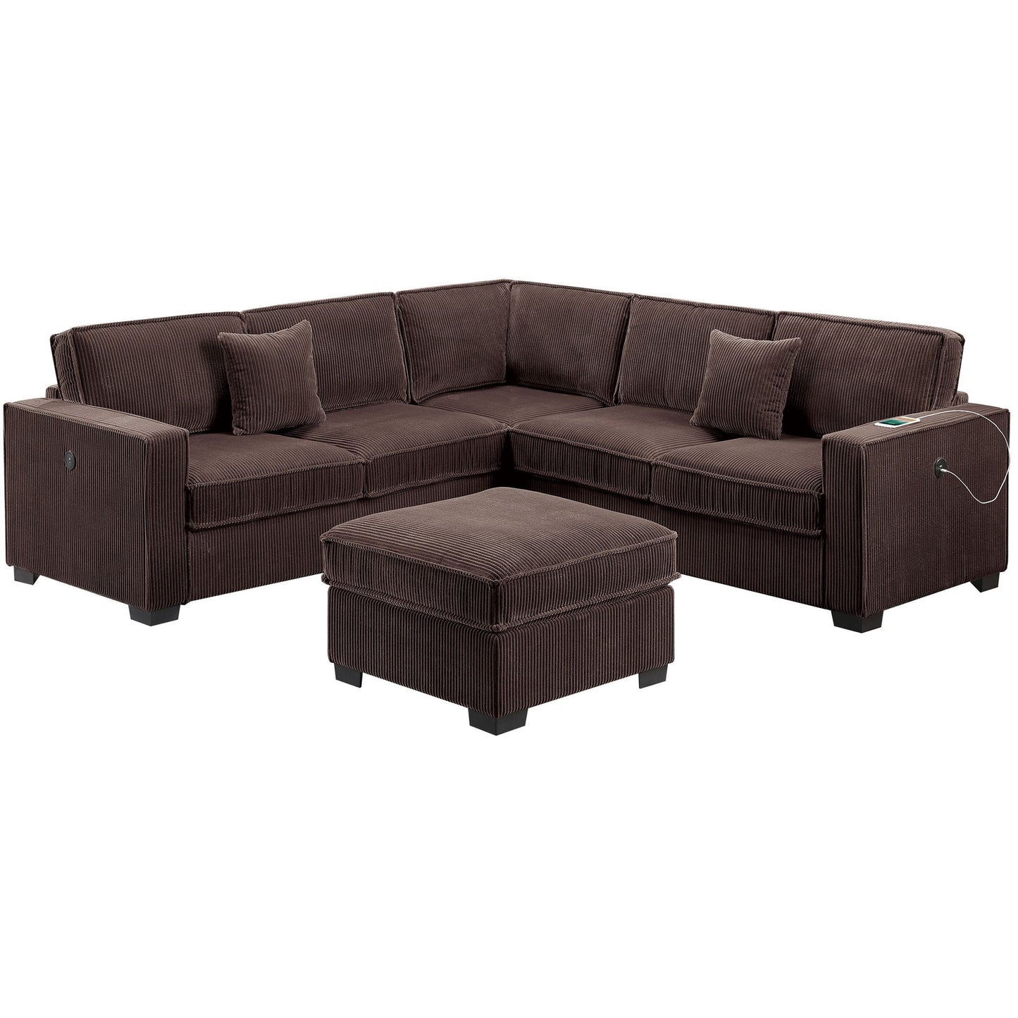 4 Piece Sectional Set With USB Ports, Left Arm Facing / Right Arm Facing Loveseat, Corner Wedge, Cocktail Ottoman, 2 Pillows - Chocolate Home Essentials