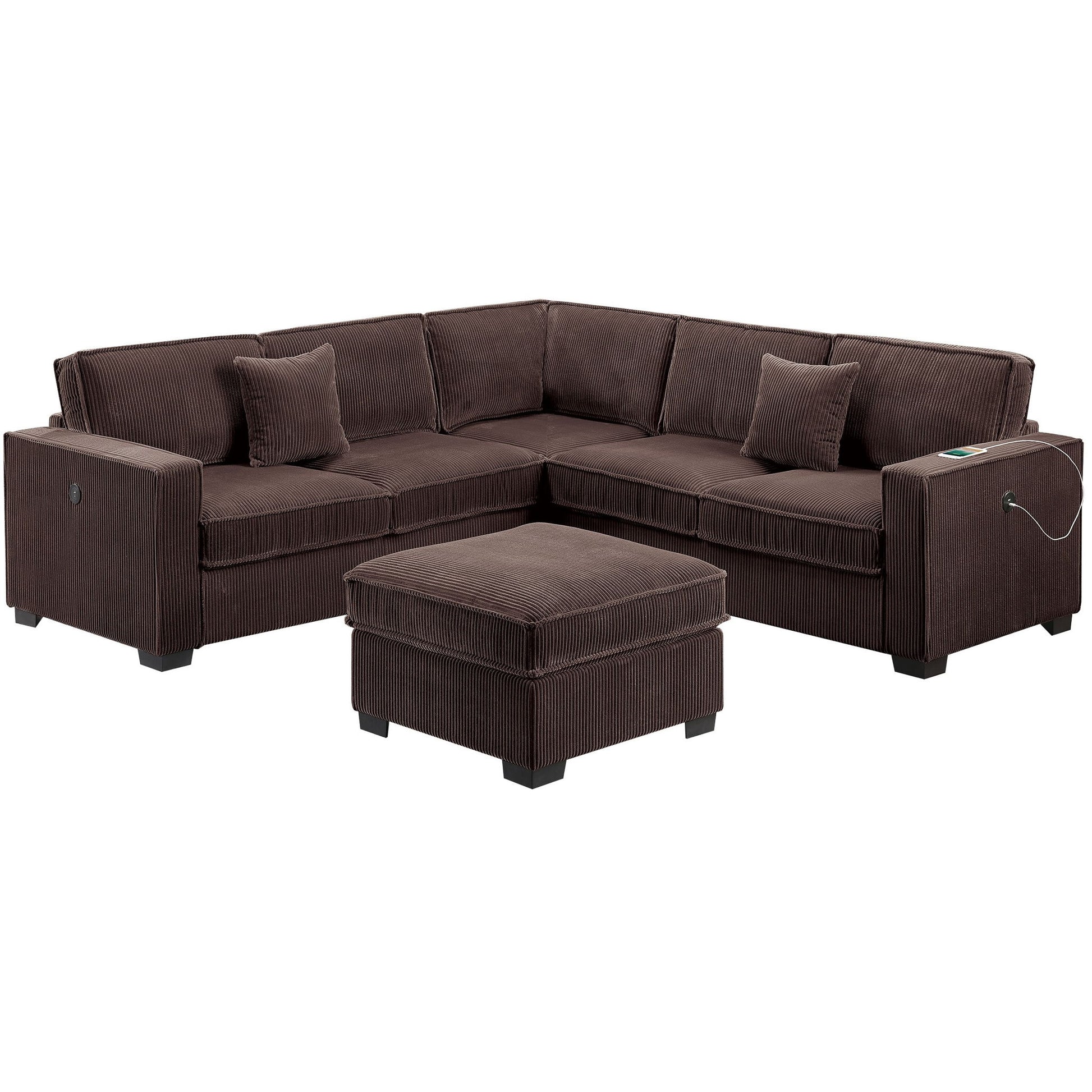 4 Piece Sectional Set With USB Ports, Left Arm Facing / Right Arm Facing Loveseat, Corner Wedge, Cocktail Ottoman, 2 Pillows - Chocolate Home Essentials