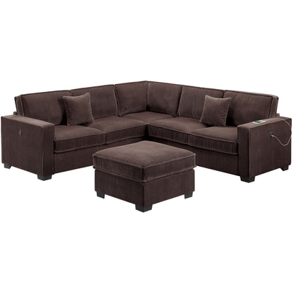 4 Piece Sectional Set With USB Ports, Left Arm Facing / Right Arm Facing Loveseat, Corner Wedge, Cocktail Ottoman, 2 Pillows - Chocolate Home Essentials